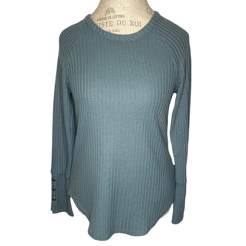 Chaser Blue Green Waffle Knit Crewneck Button Long Sleeve Shirt Size Small